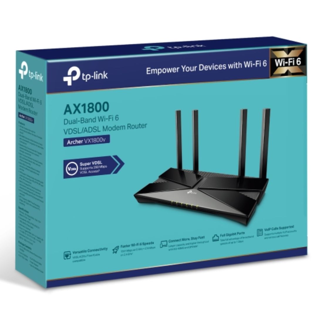  VDSL/ADSL Modem Router: AX1800 Dual-Band Wi-Fi 6 VDSL/ADSL Modem Router, 574 Mbps at 2.4 GHz + 1201 Mbps at 5 GHz  